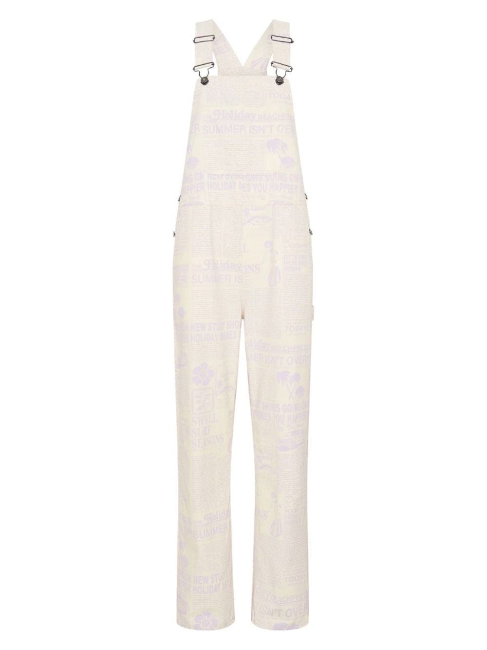 Vans x EM On Holiday Denim Overalls Women's M Cream Purple Newspaper Print - Picture 1 of 8